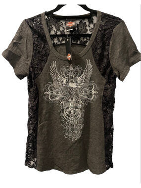 Harley Davidson NWT Gothic Lace Eagle Cross Rhinestone T-Shirt Size 1X Stretch